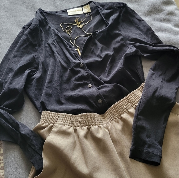 sheer v neck long sleeve black button up down shirt - Picture 6 of 7